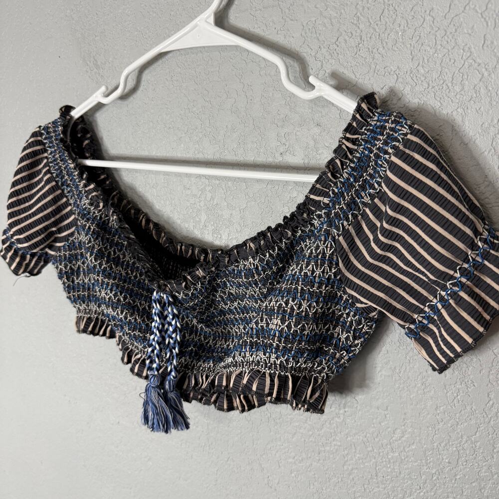 Jonathan Simkhai Striped Smocked‎ Off Shoulder Puff Sleeves Top Large - Picture 4 of 6